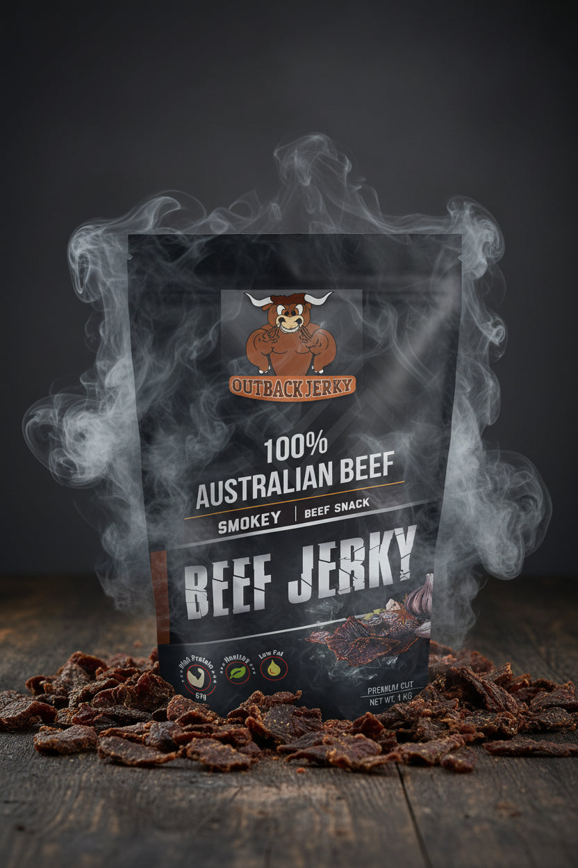 Outback Jerky packaging with beef jerky image on a smokey background